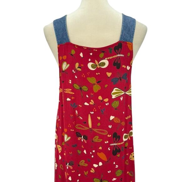 Vtg F. L. Malik Red Crepe Butterfly Dragonfly Novelty Print Maxi Jumper Dress - Picture 6 of 11